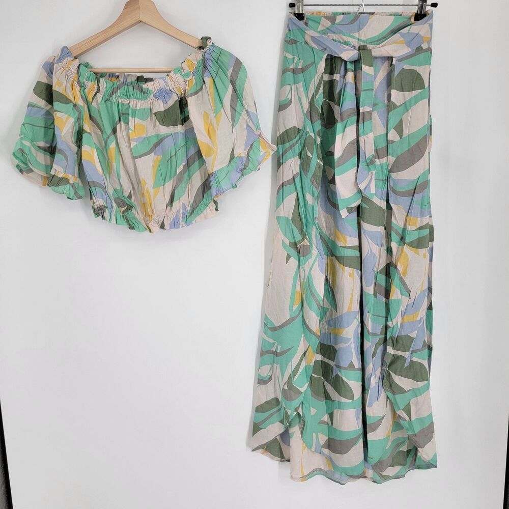 LASCANA 2pc Beach Cover Up Set Top 4 Pants 2 Split Leg Palazzo Tropical NWT